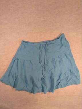 Vintage 90s Y2K Teal Linen Blend Knee Length Skirt Minimalist Twirl Tiered Large